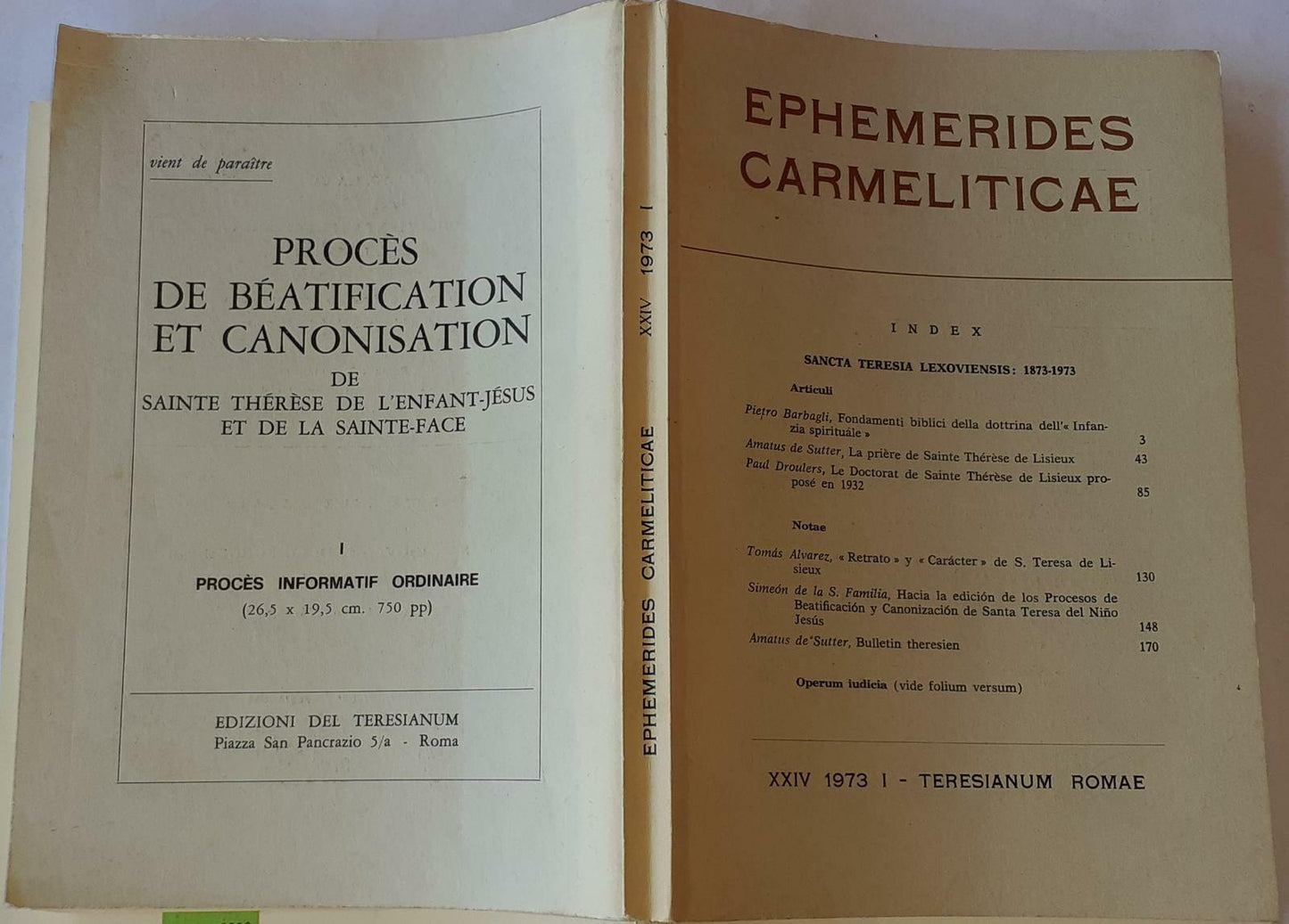 Ephemerides Carmeliticae. Annus XXIV. Volume I - copertina