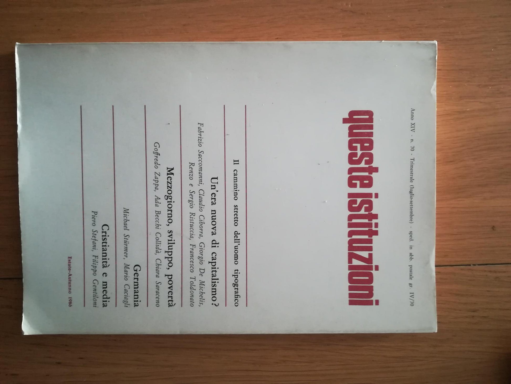 Queste istituzioni. Anno XIV n.70 - Trimestrale (luglio-settembre 1986) - copertina