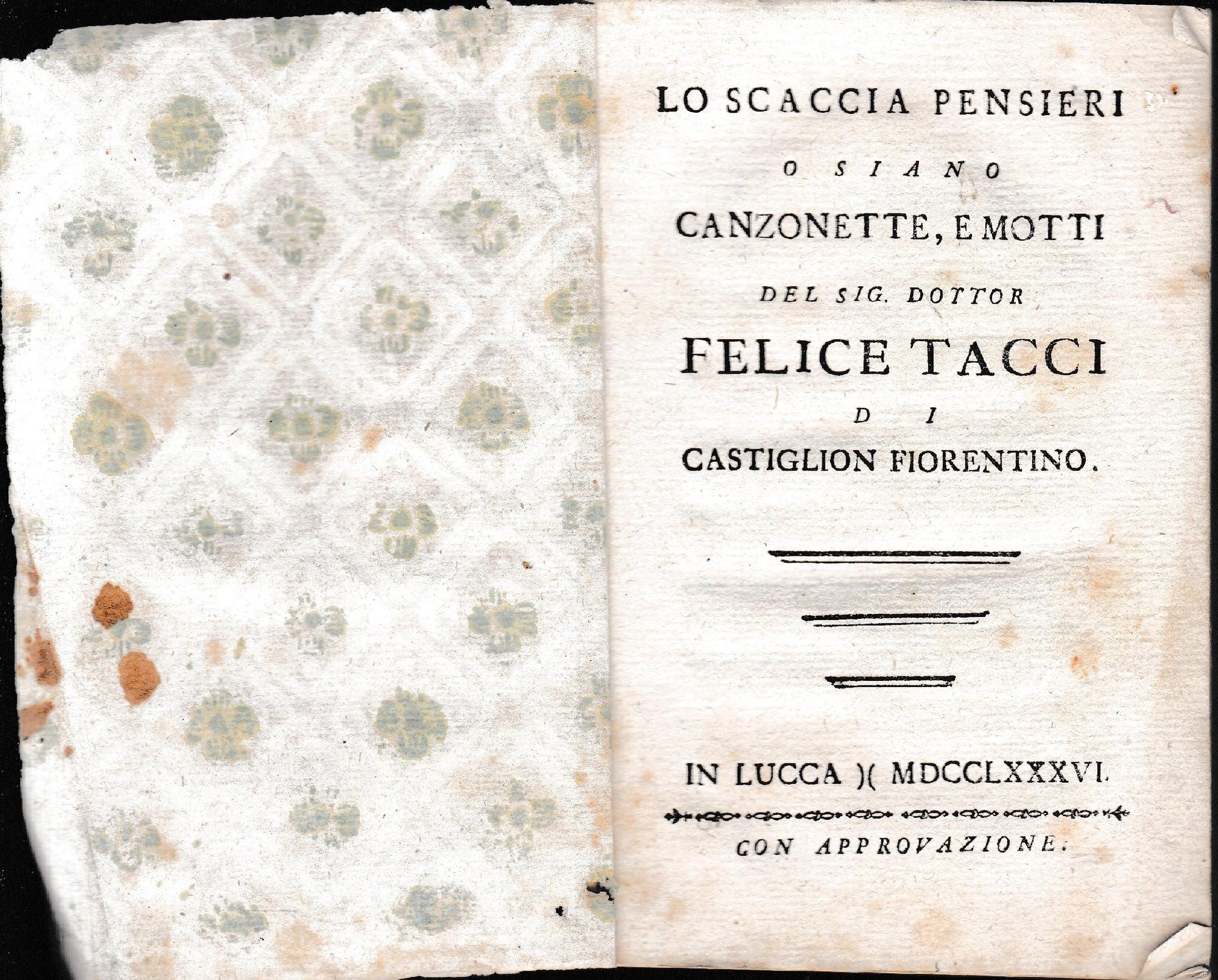Lo scaccia pensieri o siano canzonette, e motti  (presunta copia anastatica) - copertina