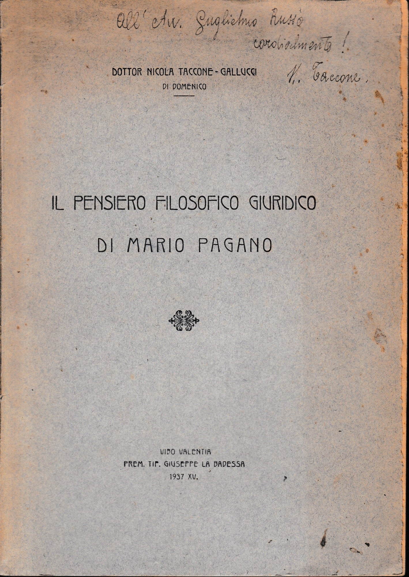 Il pensiero filosofico giuridico di Mario Pagano - copertina