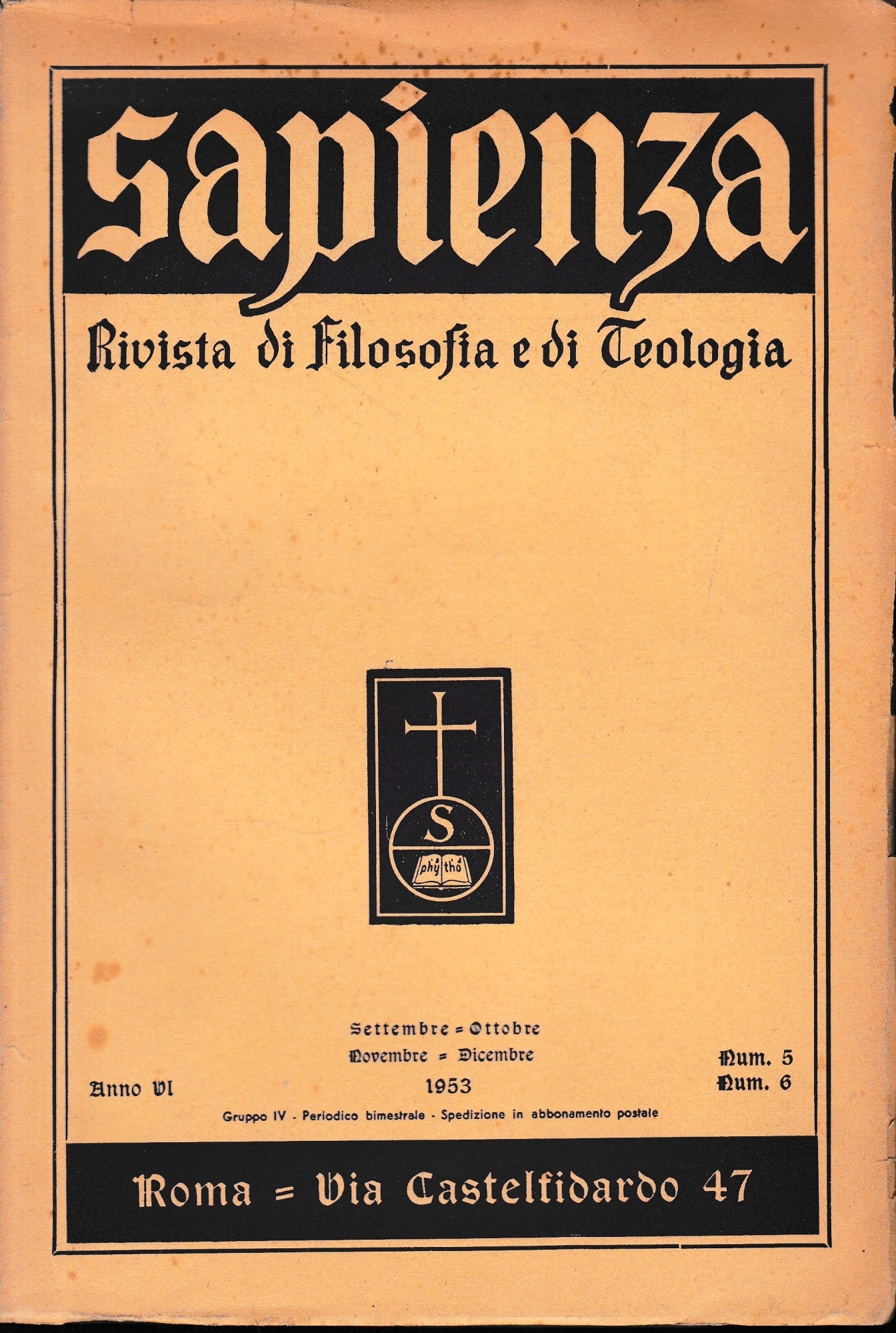 Sapienza. Rivista di Filosofia e Teologia, anno VI n. 5-6 - copertina