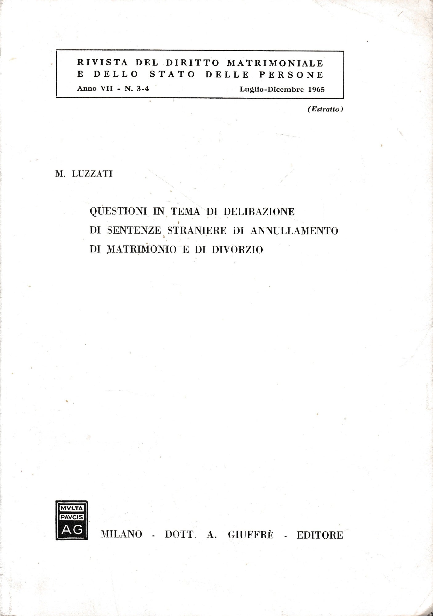 Rivista del diritto matrimoniale e dello Stato delle persone. Anno VII, n. 3-4, Luglio-Dicembre 1965 (estratto) - copertina