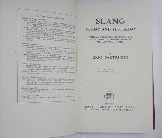Slang To-day and Yesterday. With a short historical sketch; and vocabularies of English, American, and Australian Slang. - copertina