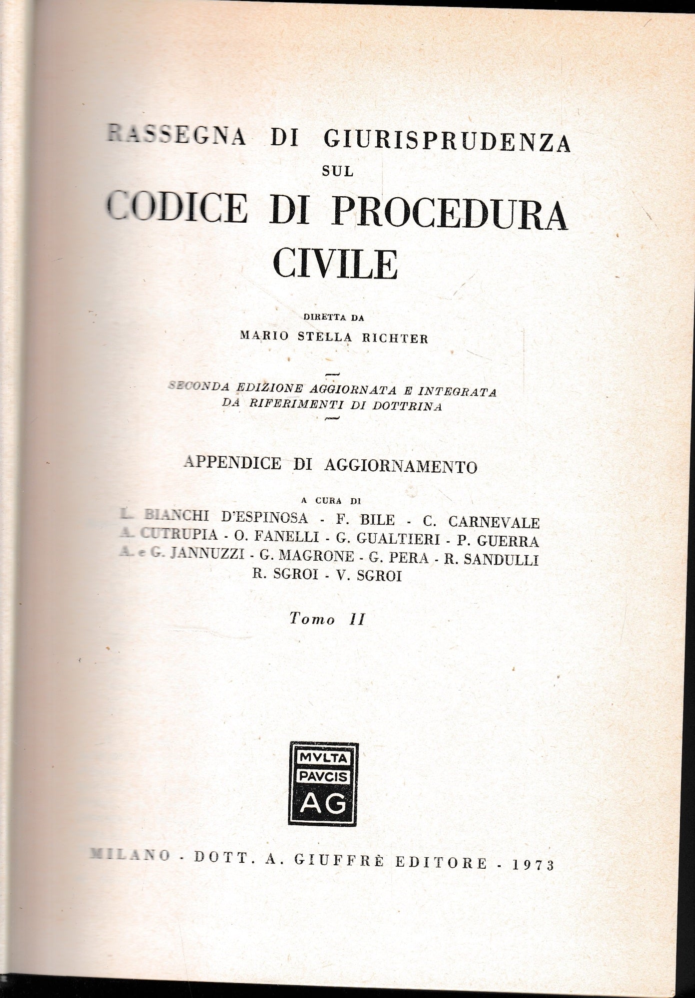 Rassegna di Giurisprudenza sul Codice di Procedura Civile. Appendice di aggiornamento. Tomo II, art. 163-473 - copertina