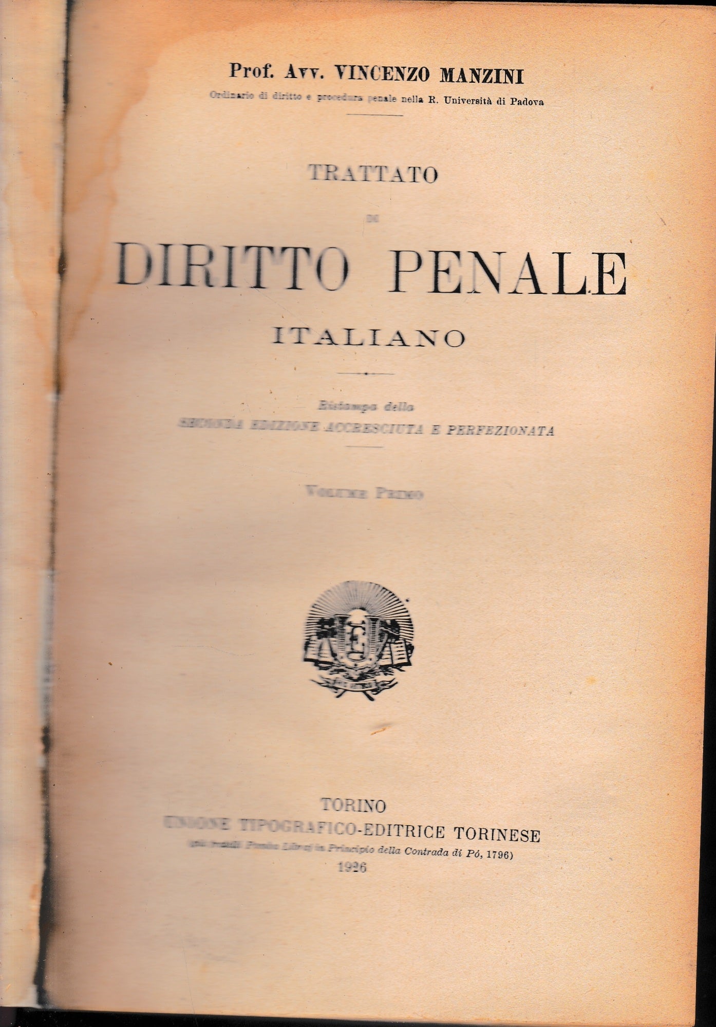 Trattato di Diritto Penale Italiano, vol. 1 - copertina