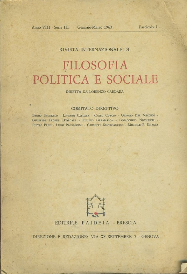 Filosofia politica e sociale. Rivista. Anno VIII. Serie III. Gennaio - Marzo 1963. Fascicolo I - copertina