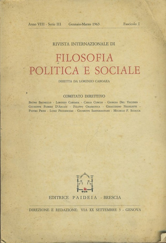 Filosofia politica e sociale. Rivista. Anno VIII. Serie III. Gennaio - Marzo 1963. Fascicolo I - copertina
