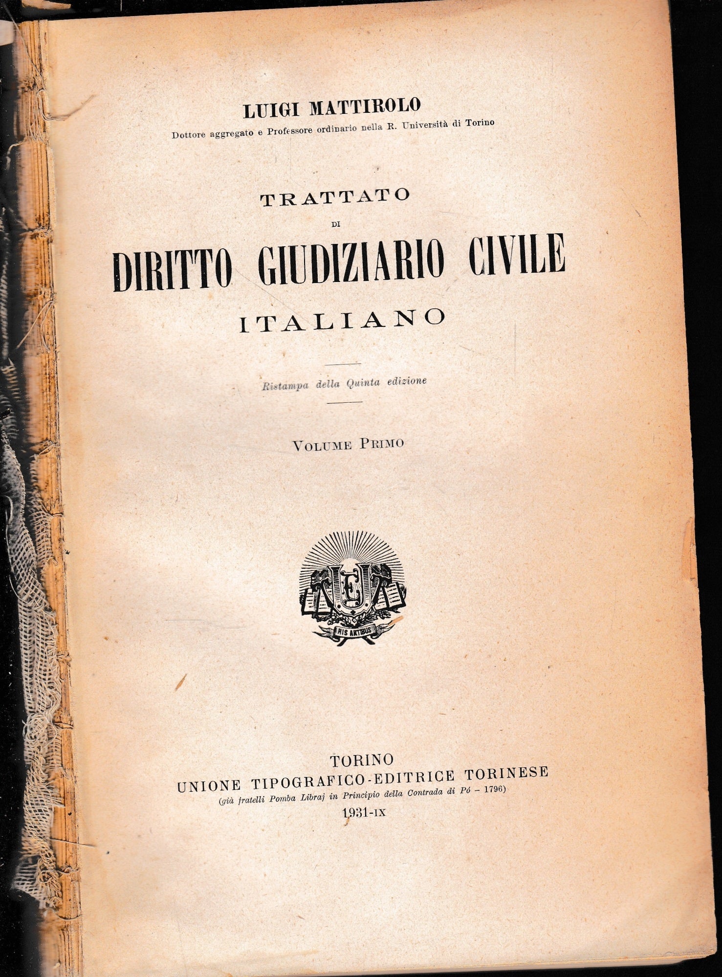 Trattato di Diritto Giudiziario Civile Italiano, vol. 1° - copertina