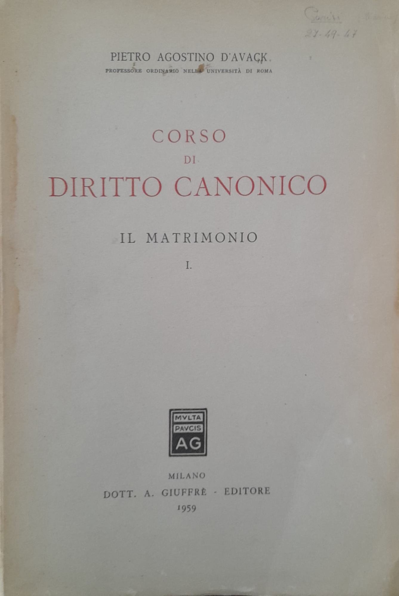 Corso di diritto canonico. Il matrimonio I. - copertina