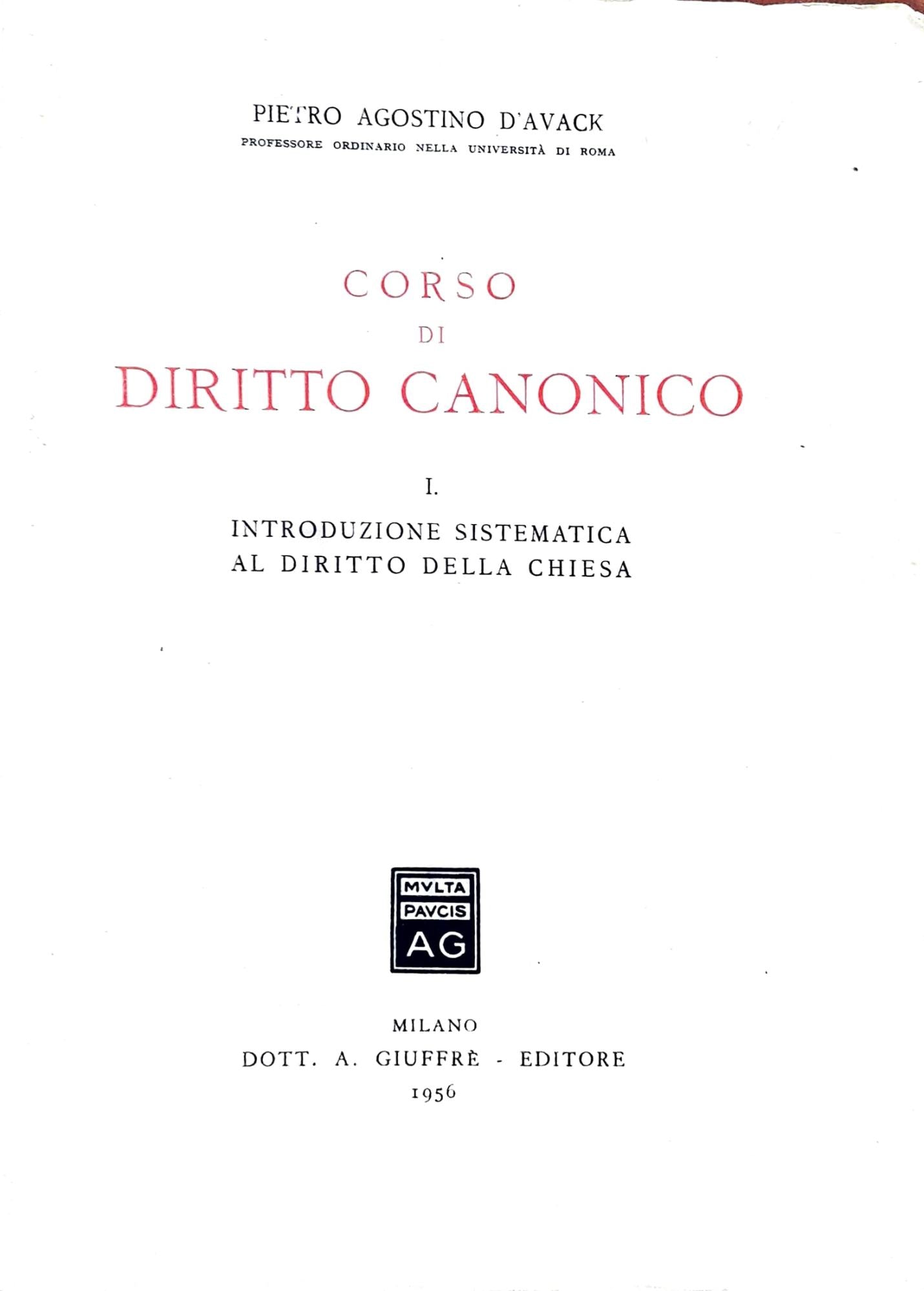 Corso di diritto canonico. I. Introduzione sistematica al diritto della chiesa. - copertina