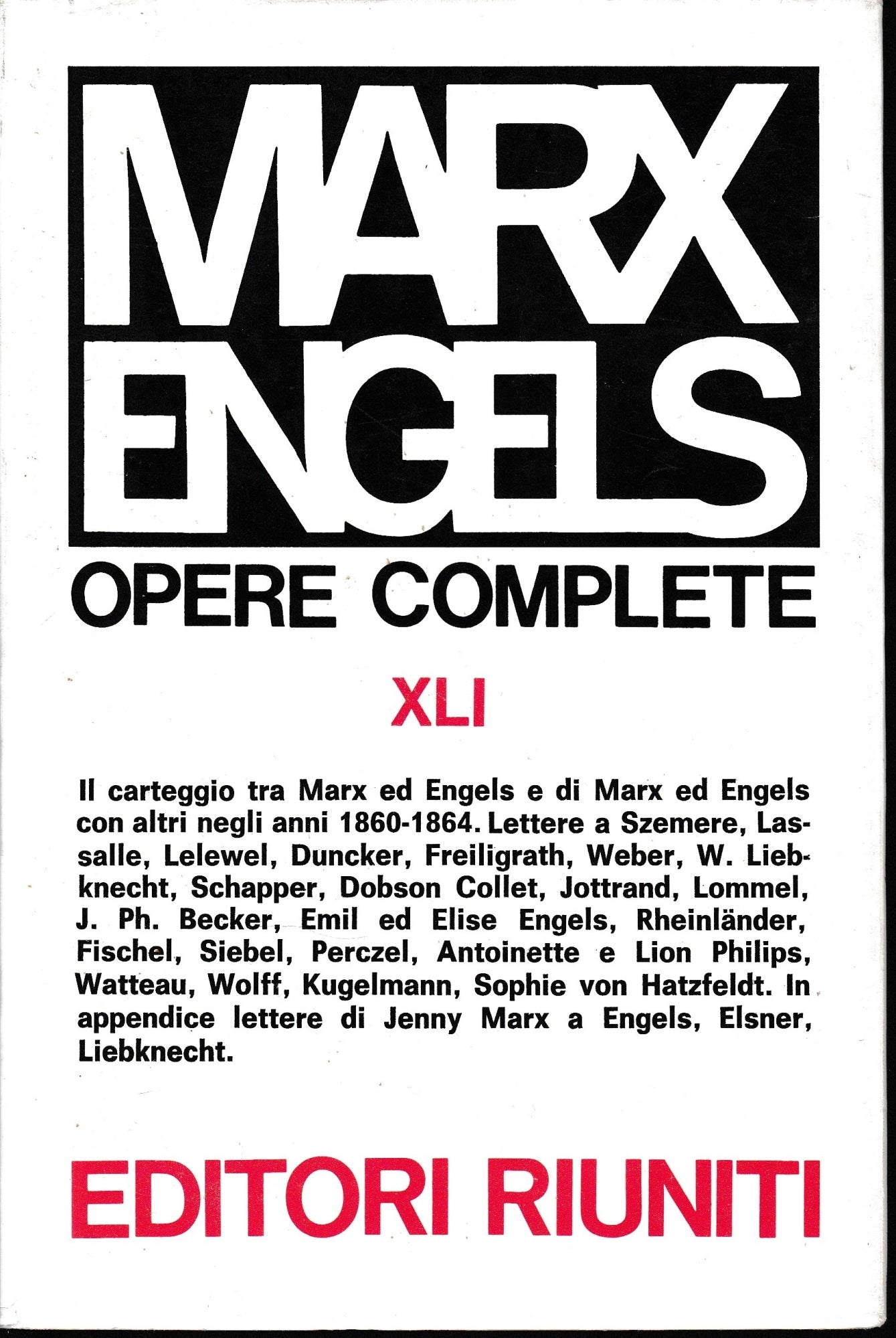 Opere di Marx e Engels, vol. XLI: Lettere gennaio 1860 - settembre 1864 - copertina