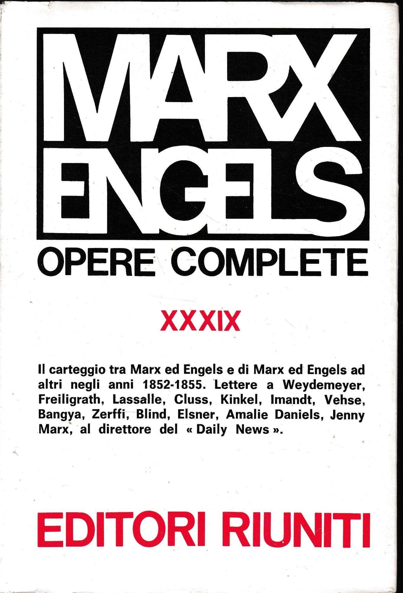 Opere di Marx e Engels, vol. XXXIX: Lettere 1852 - 1855 - copertina