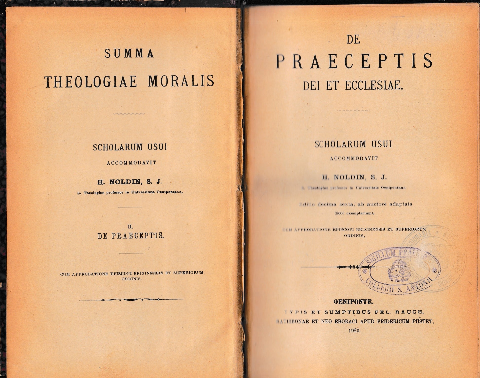De praeceptis dei et ecclesiae, scholarum usui. De sexto praecepto et de usu matrimonii. Due volumi rilegati in unico. - copertina