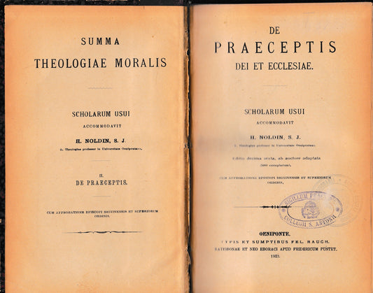 De praeceptis dei et ecclesiae, scholarum usui. De sexto praecepto et de usu matrimonii. Due volumi rilegati in unico. - copertina