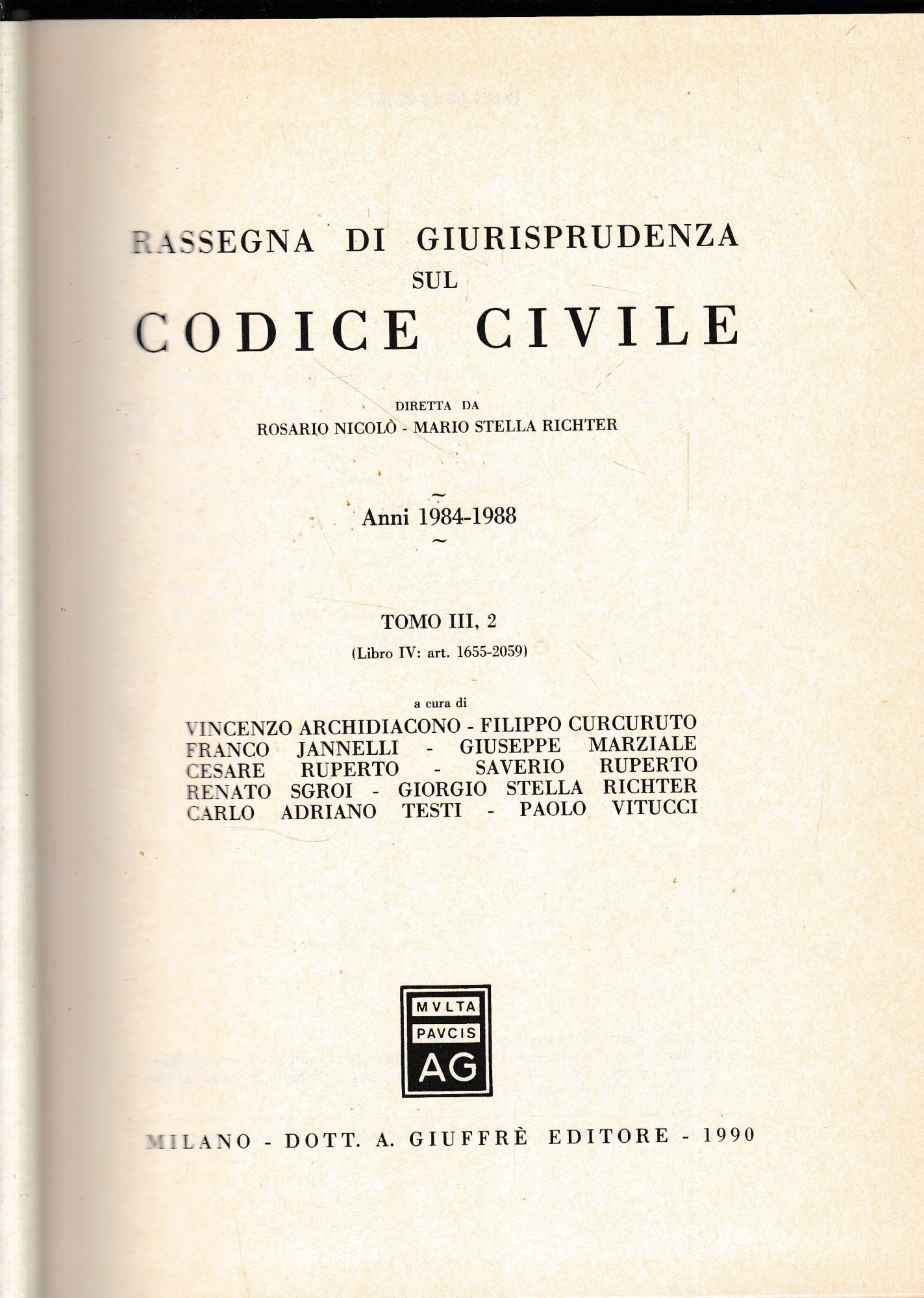 Rassegna di Giurisprudenza sul Codice Civile, anni 1984-1990, tomo III,2 (libro IV :art. 1655-2059) - copertina
