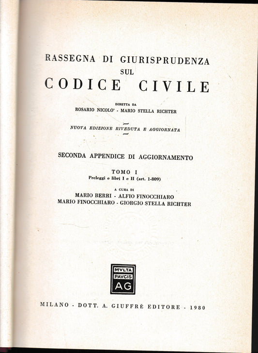 Rassegna di Giurisprudenza sul Codice Civile, secona appendice di aggiornamento, tomo 1 (preleggi e libri I e II ( art. 1-809) - copertina
