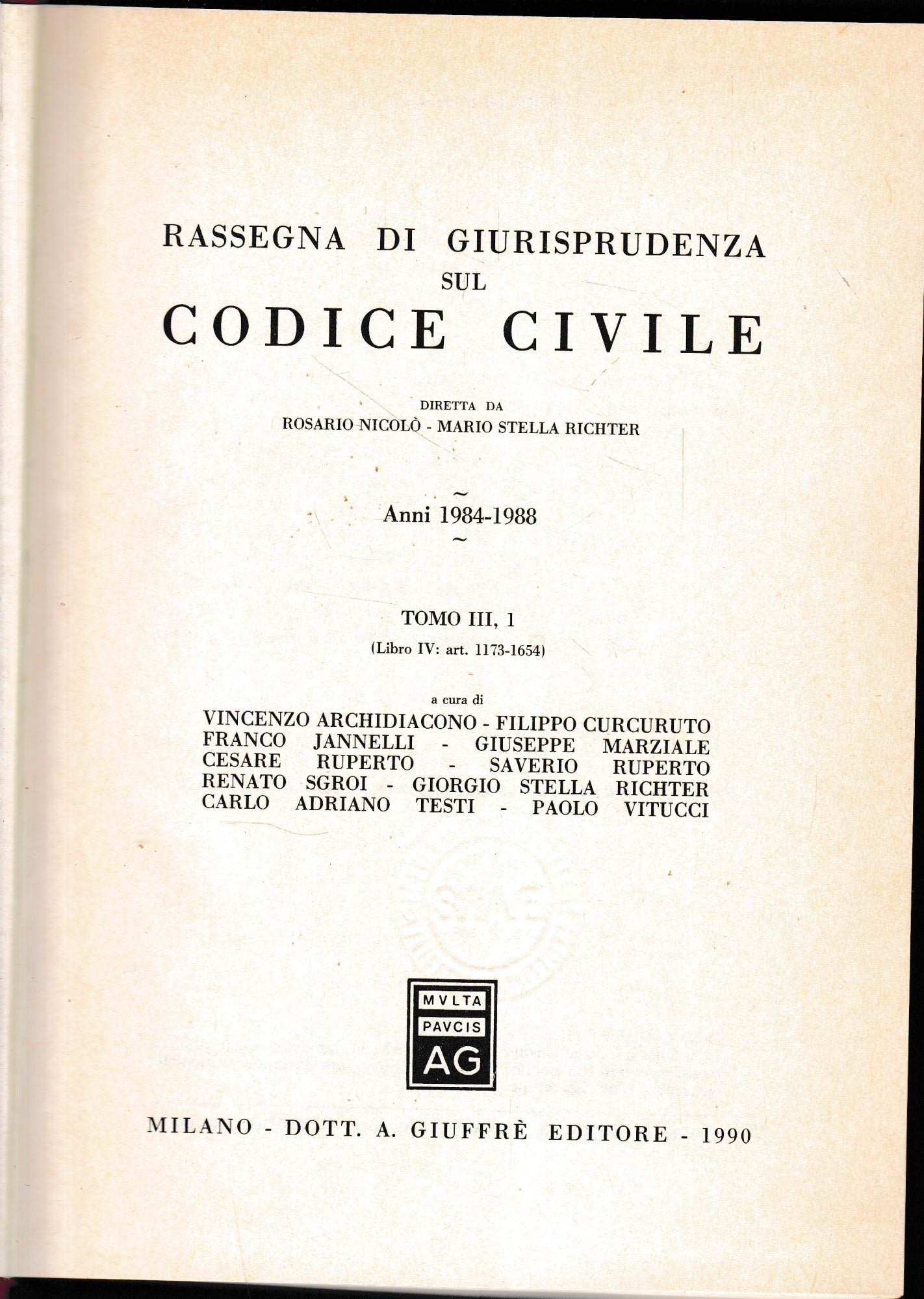 Rassegna di Giurisprudenza sul Codice Civile, anni 1984-1988,  tomo 3,1 (libro IV: art. 1173-1654) - copertina