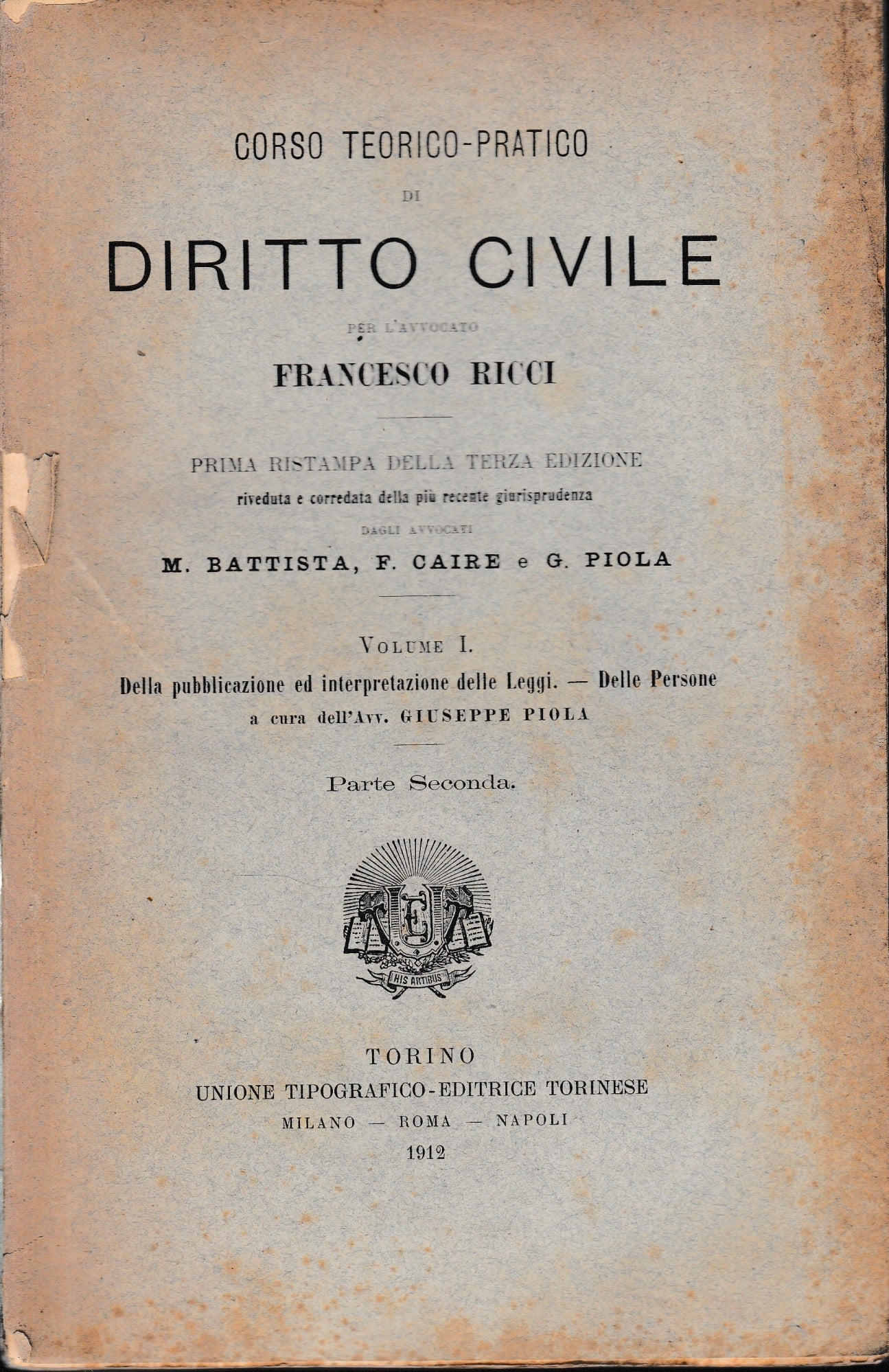 Corso teorico-pratico di Diritto Civile, vol. 1. - copertina