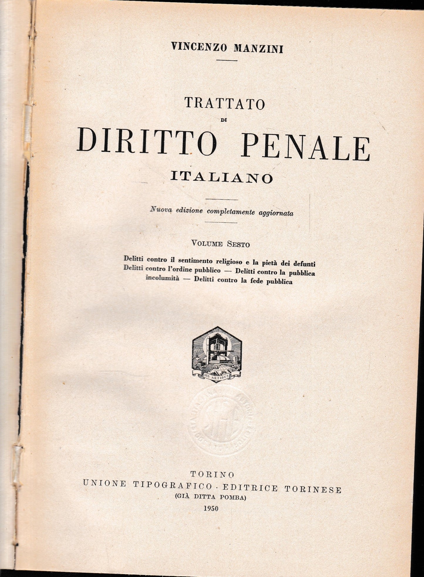 Trattato di diritto penale italiano, vol. 6°. - copertina