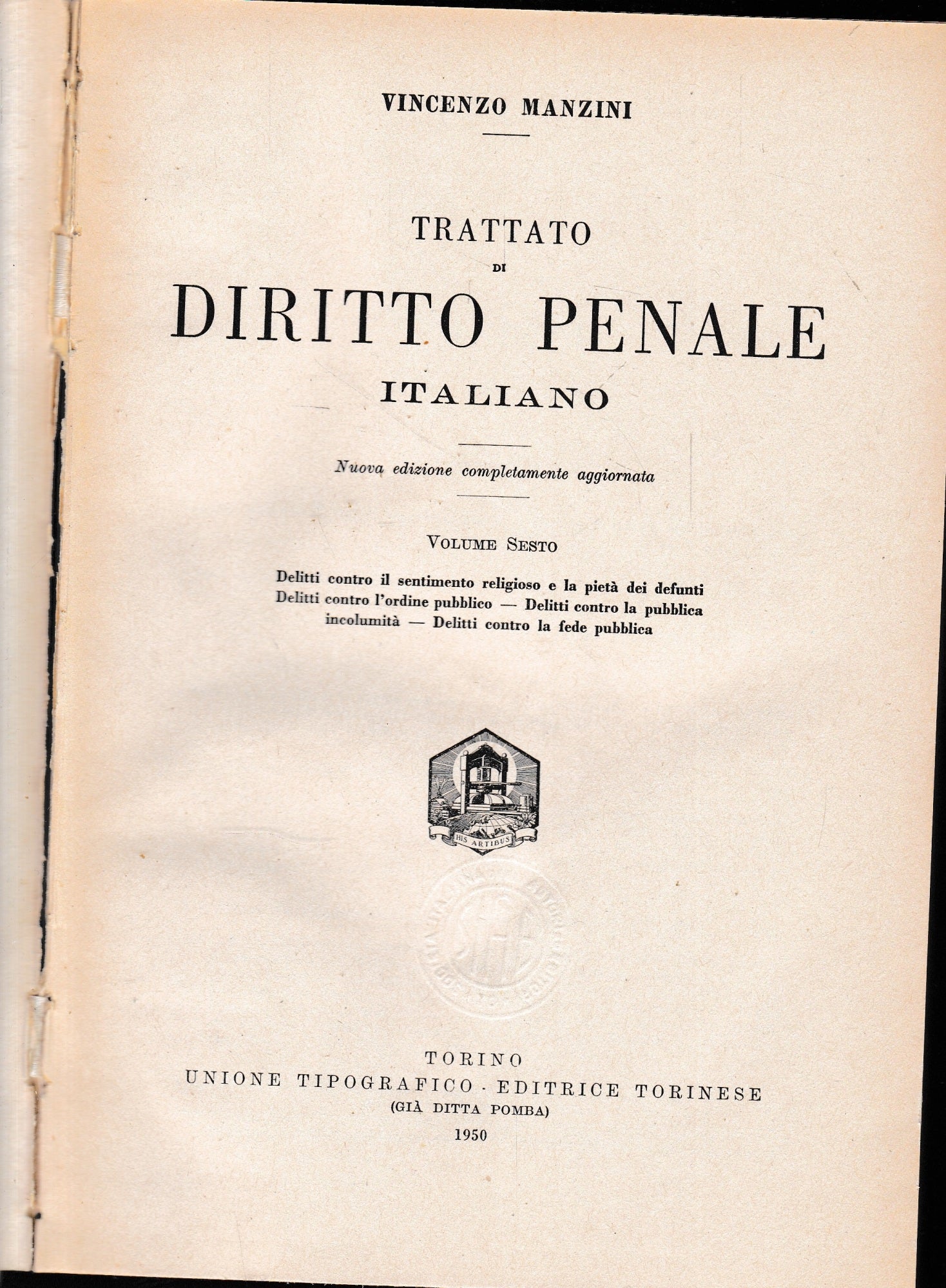 Trattato di diritto penale italiano, vol. 6°. - copertina