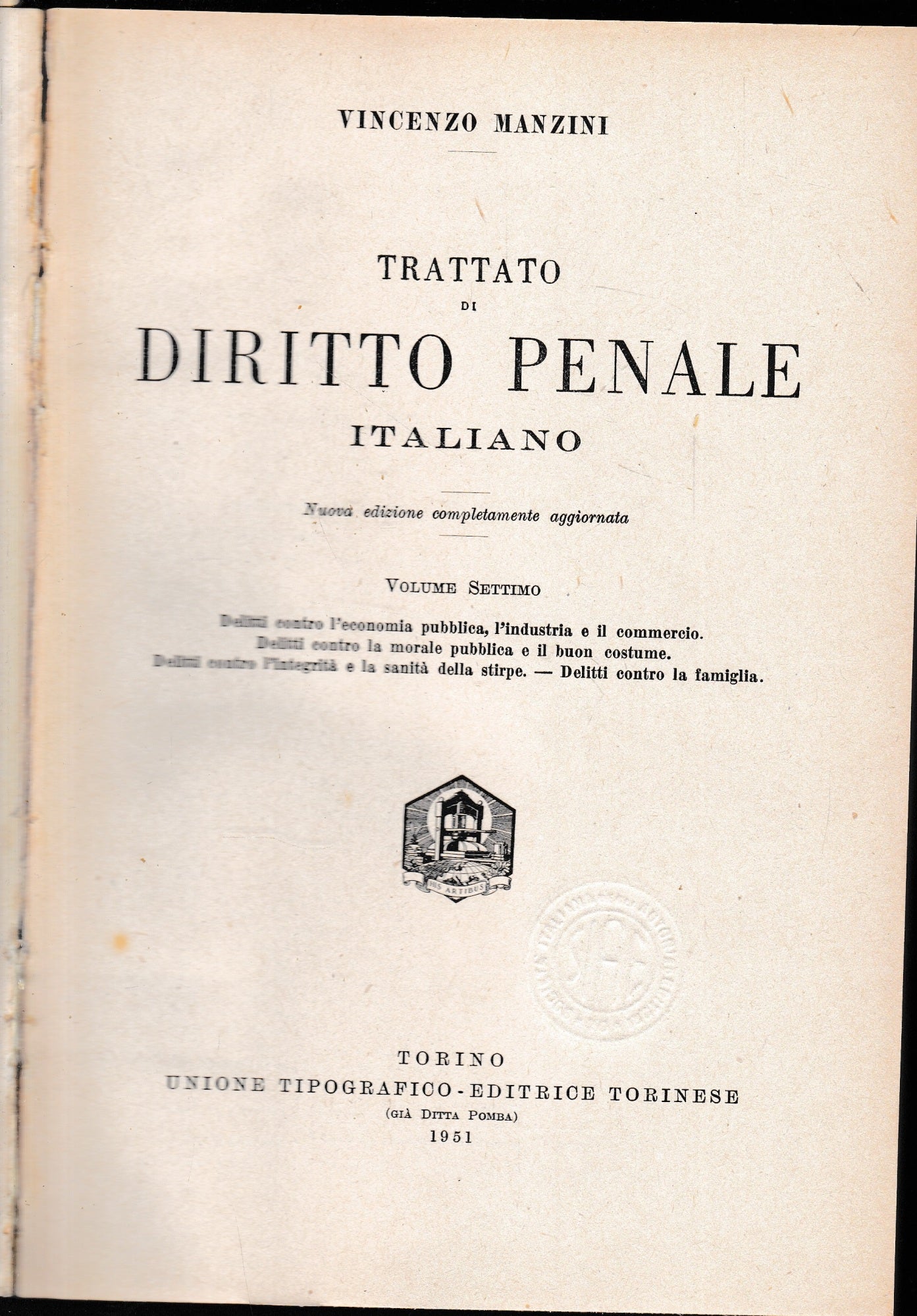 Trattato di diritto penale italiano, vol. 7°. - copertina