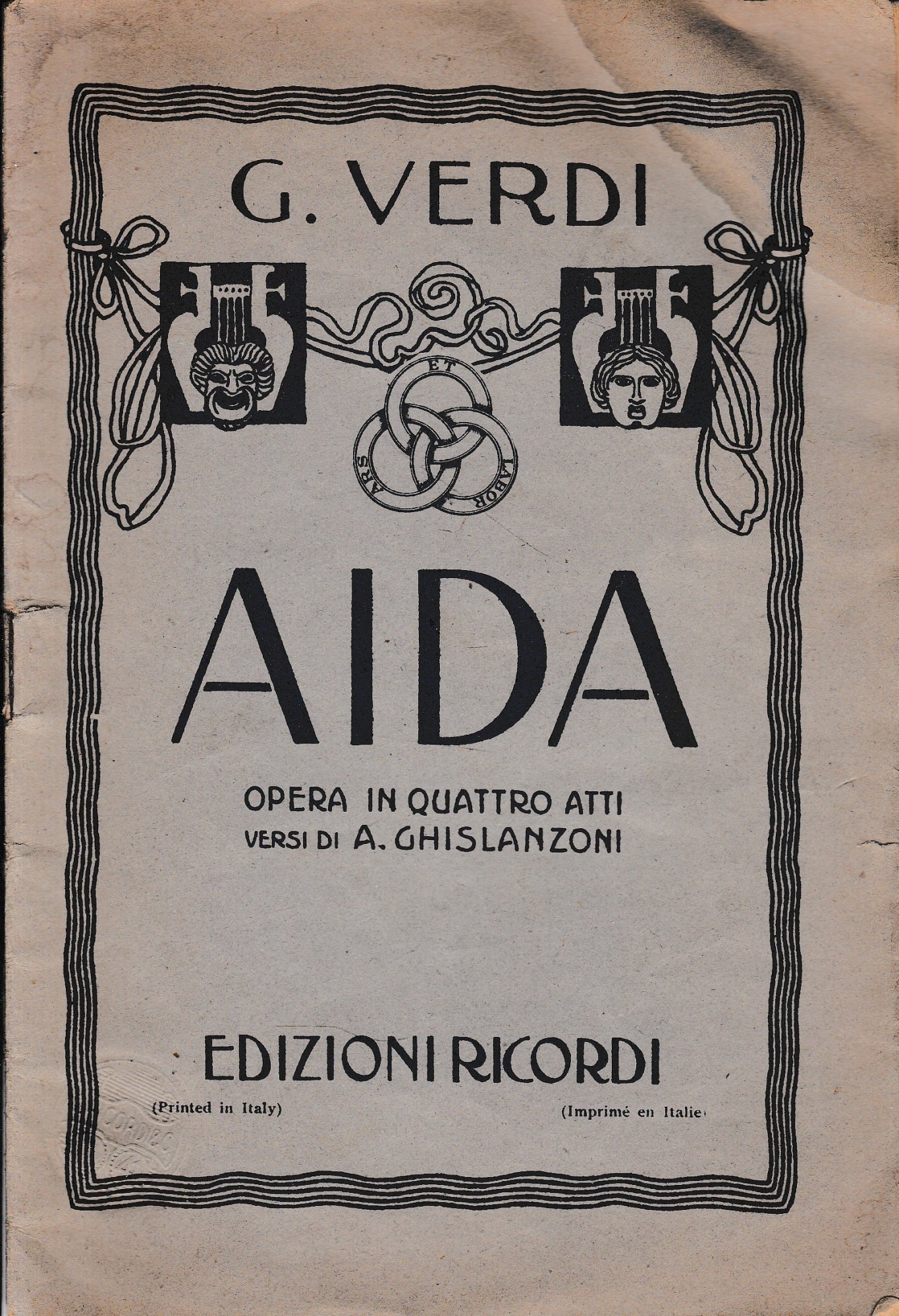 AIDA opera in quattro atti, versi di Antonio Ghislanzoni, musica di Giuseppe Verdi - copertina