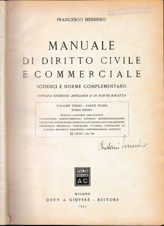 Manuale di diritto Civile e Commerciale (codici e norme complementari) vol. III, parte prima, tomo I. - copertina