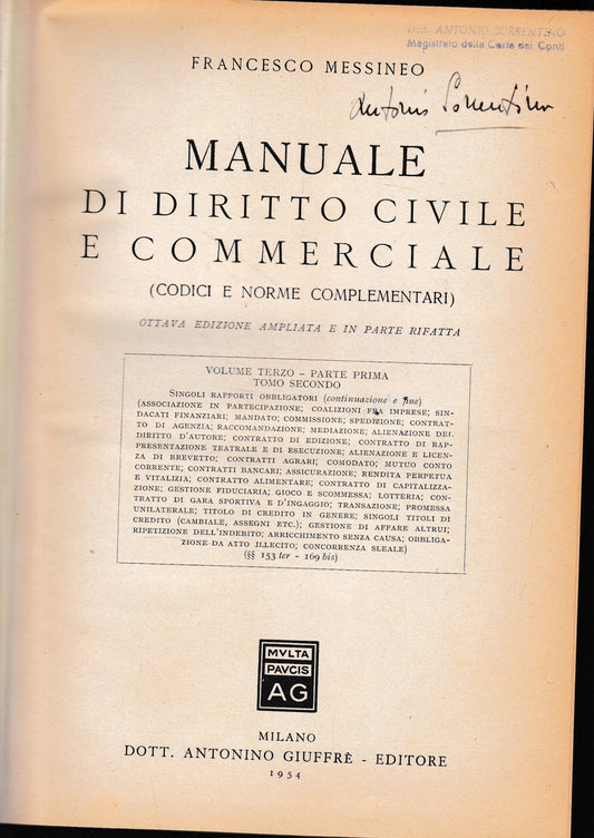 Manuale di diritto Civile e Commerciale (codici e norme complementari) vol. III, parte prima, tomo II - copertina