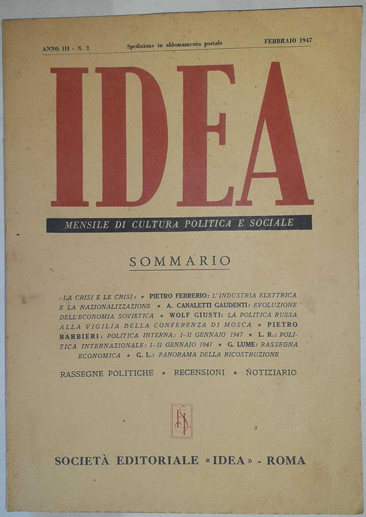 Idea. Mensile di cultura politica e sociale. Anno III. N-2 - copertina