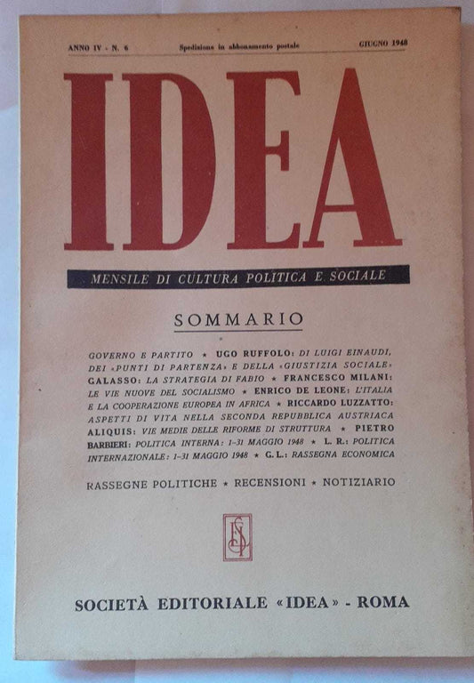 Idea. Mensile di cultura politica e sociale. Anno IV. N.6 - copertina