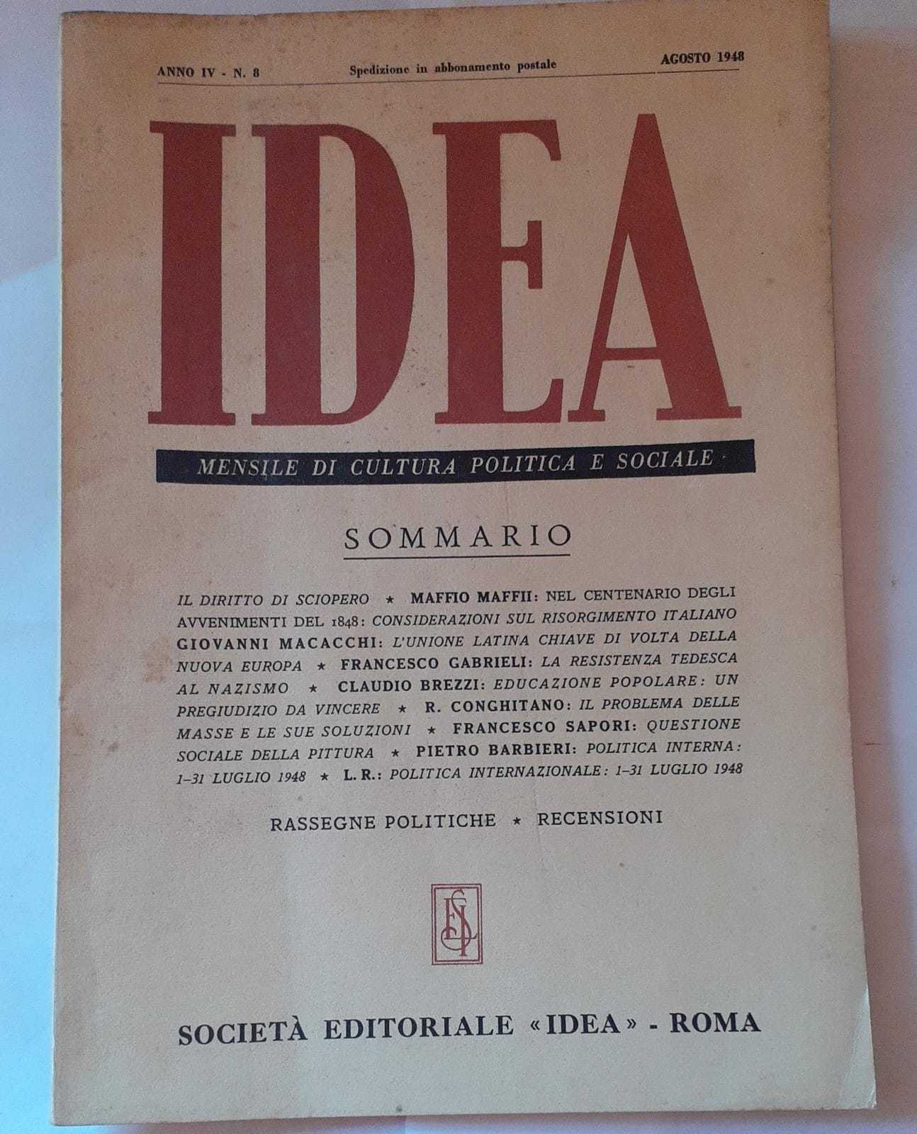 Idea. Mensile di cultura politica e sociale. Anno IV -N.8 - copertina