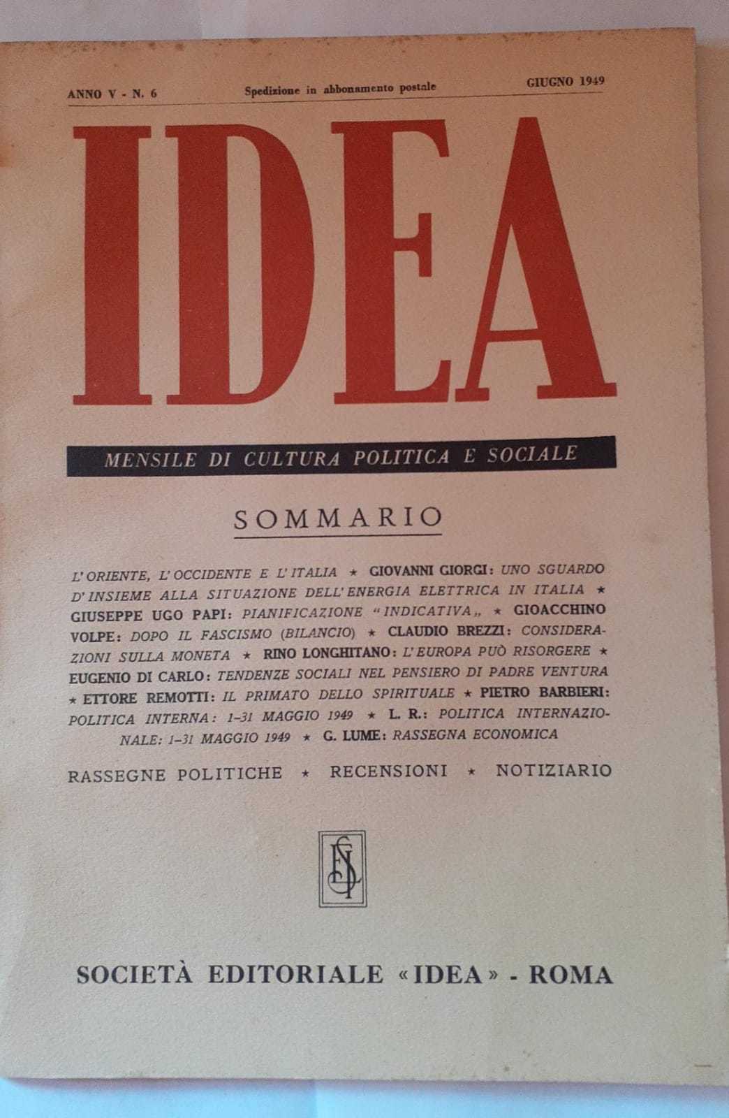 Idea. Mensile di cultura politica e sociale. Anno V-N.6 - copertina