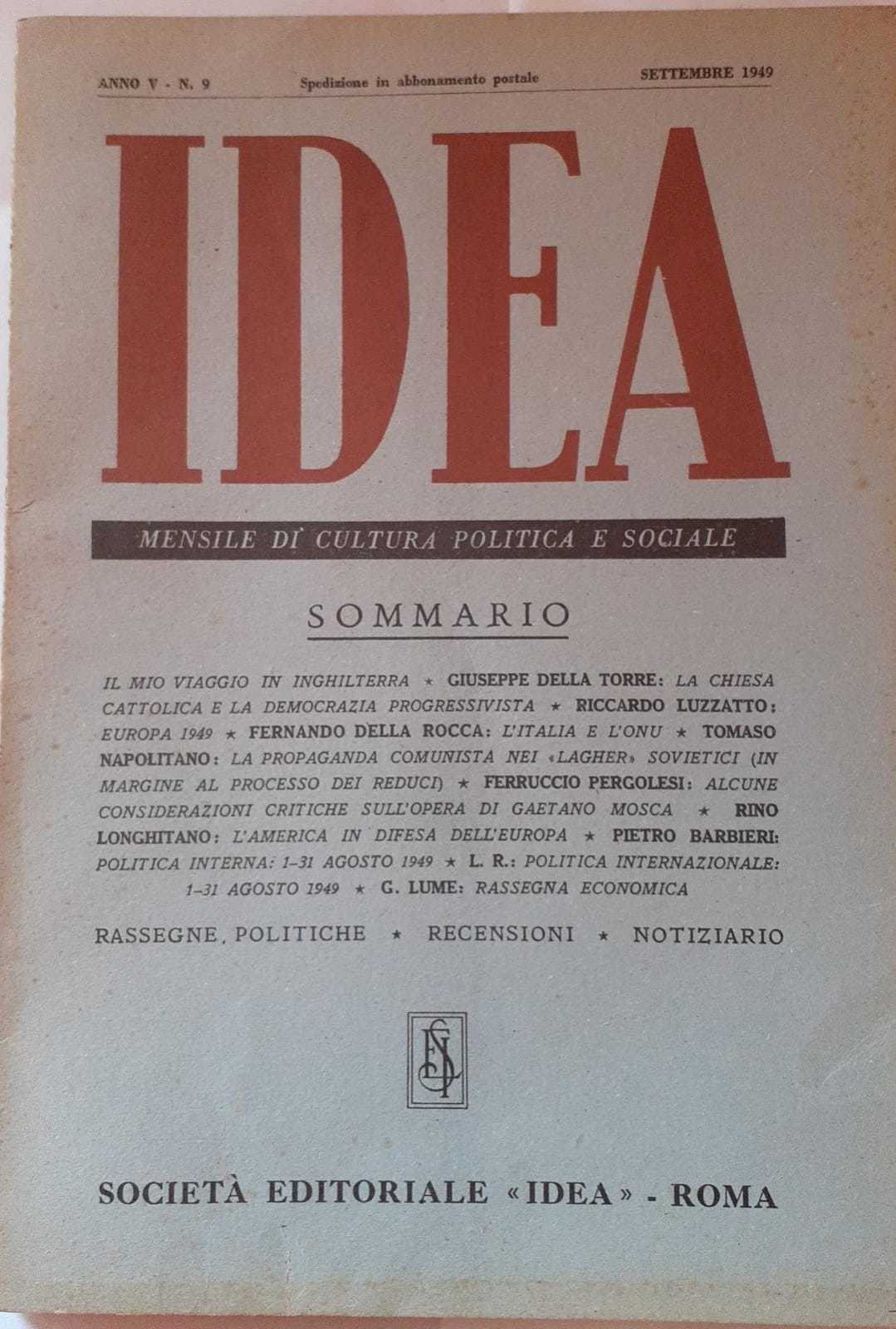 Idea. Mensile di cultura politica e sociale. Anno V. N.9 - copertina