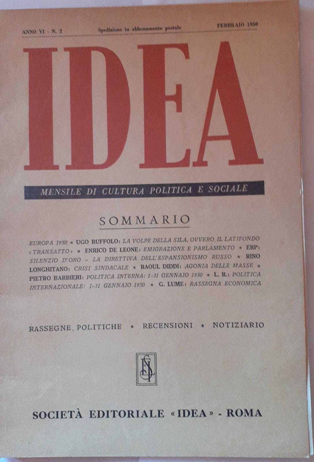 Idea. Mensile di cultura politica e sociale. Anno VI. -N.2 - copertina