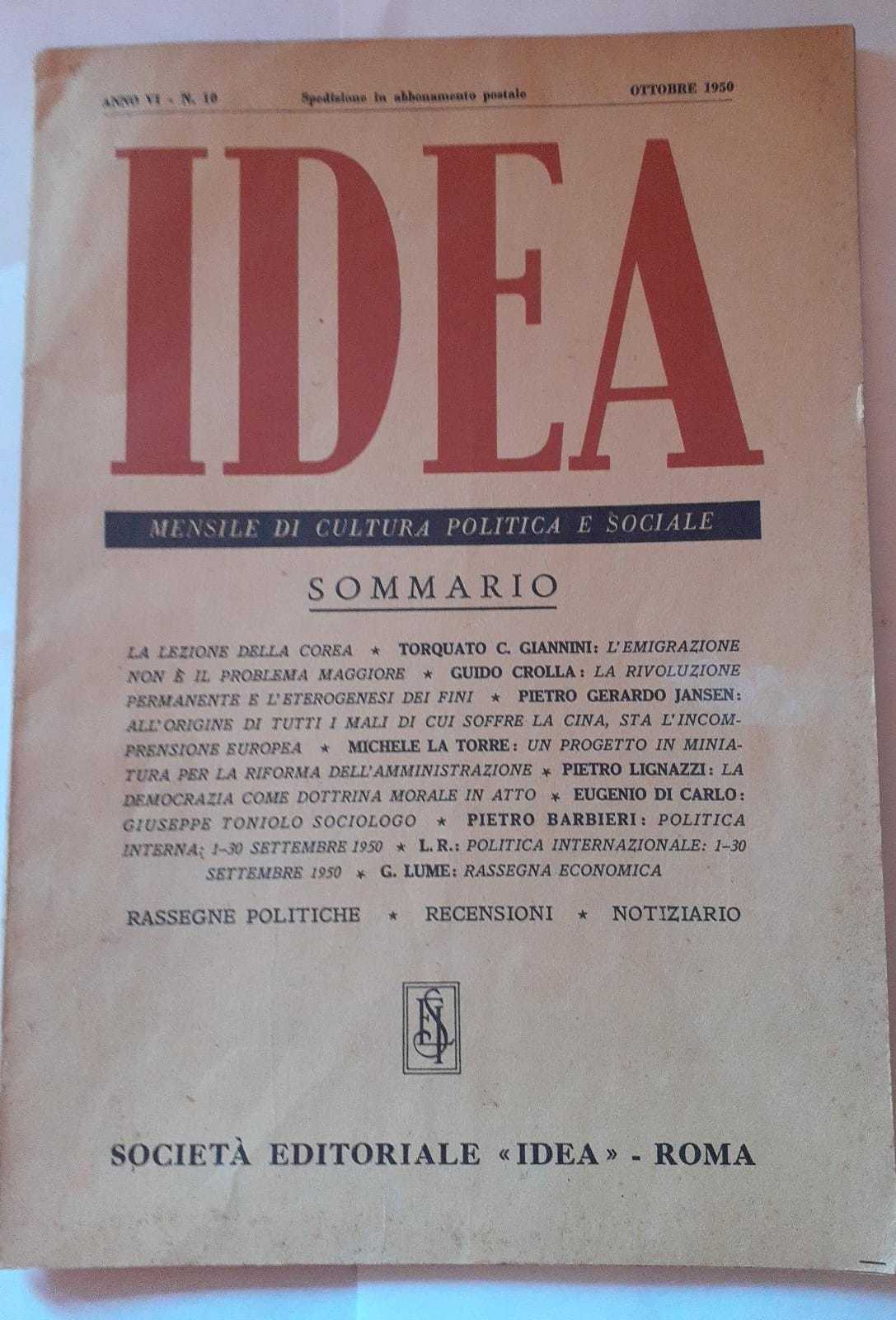Idea. Mensile di cultura politica e sociale. Anno VI. -N.10 - copertina