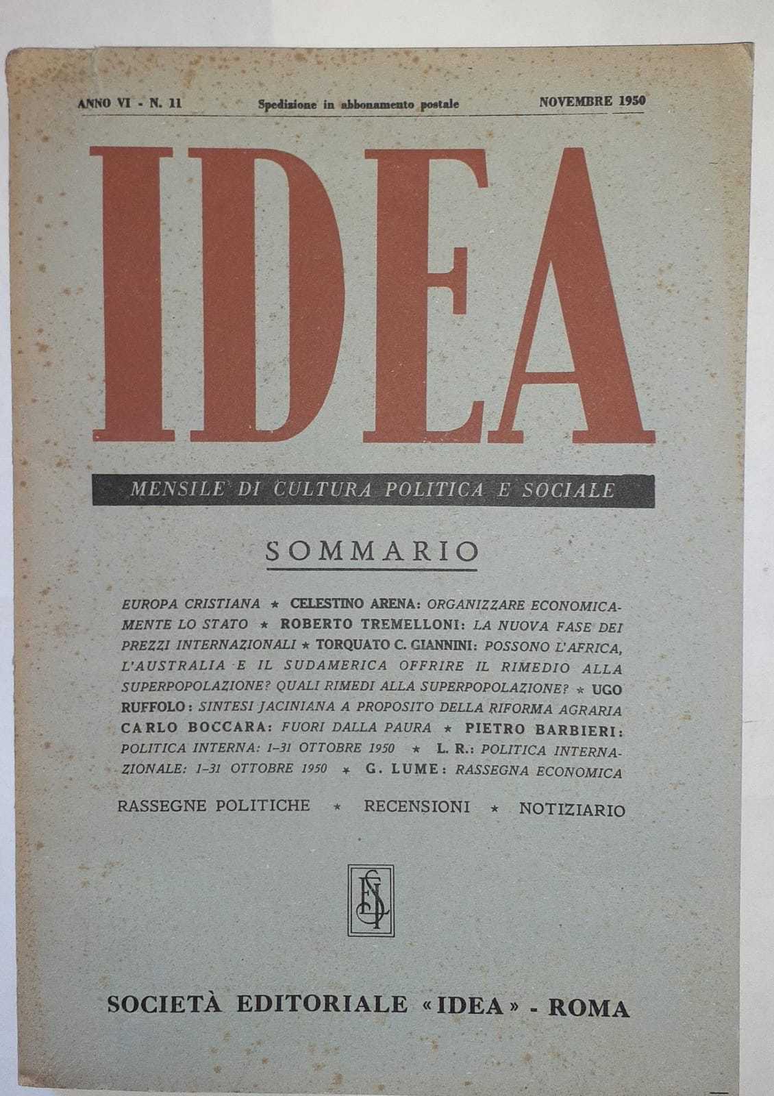 Idea. Mensile di cultura politica e sociale. Anno VI. -N.11 - copertina
