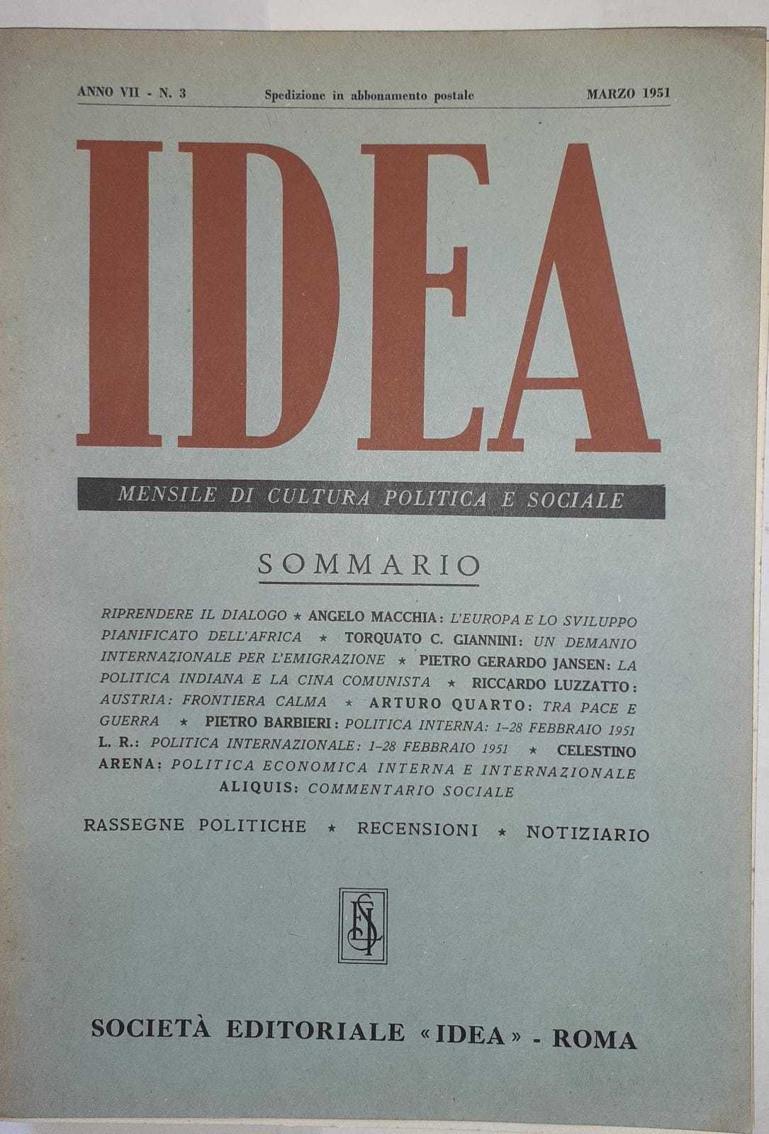 Idea. Mensile di cultura politica e sociale. Anno VII. -N.3 - copertina