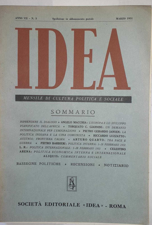Idea. Mensile di cultura politica e sociale. Anno VII. -N.3 - copertina