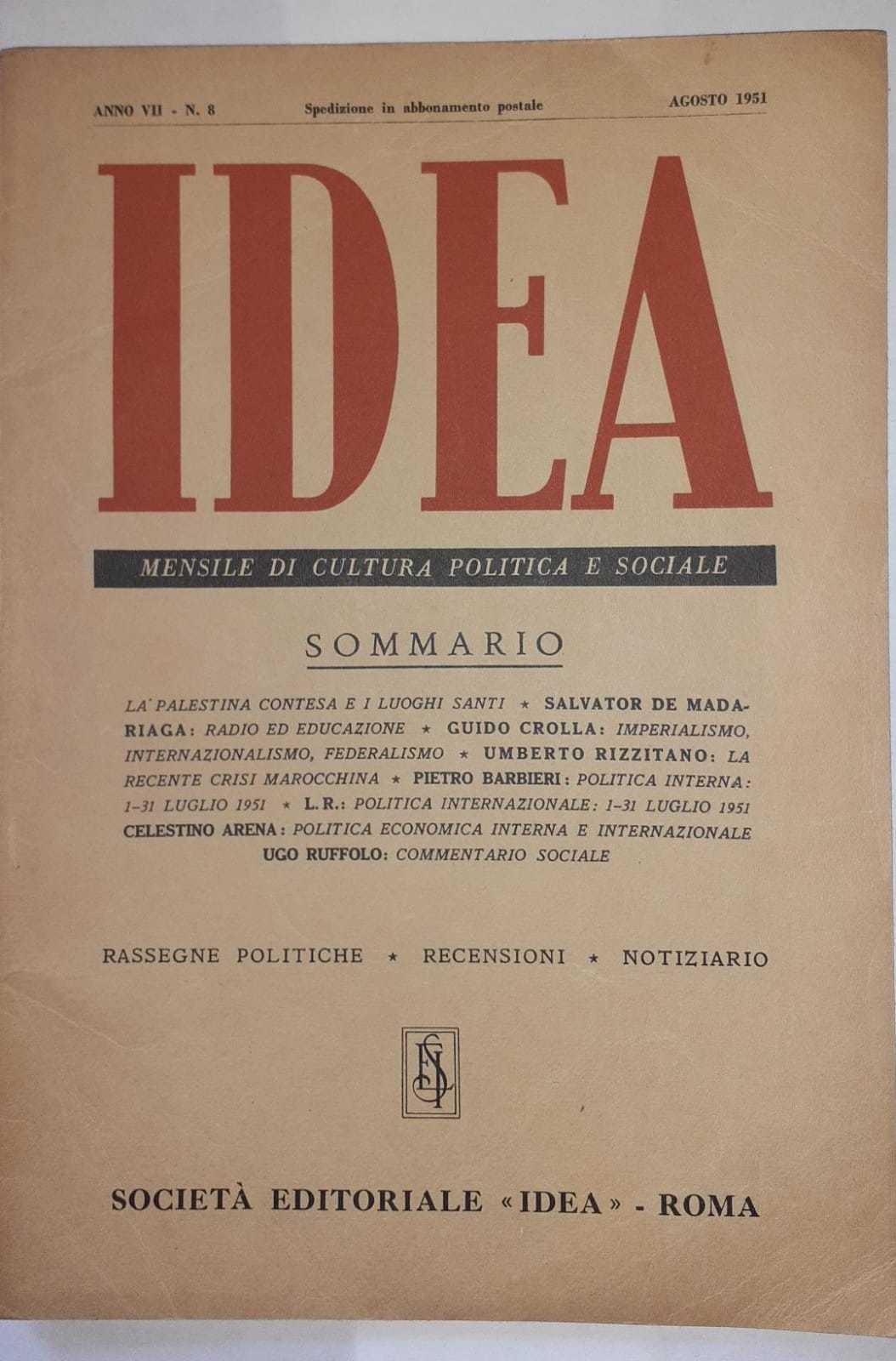Idea. Mensile di cultura politica e sociale. Anno VII. -N.8 - copertina