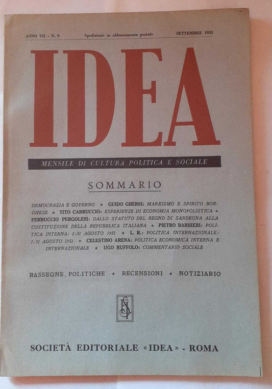 Idea. Mensile di cultura politica e sociale. Anno VII.-N.9 - copertina