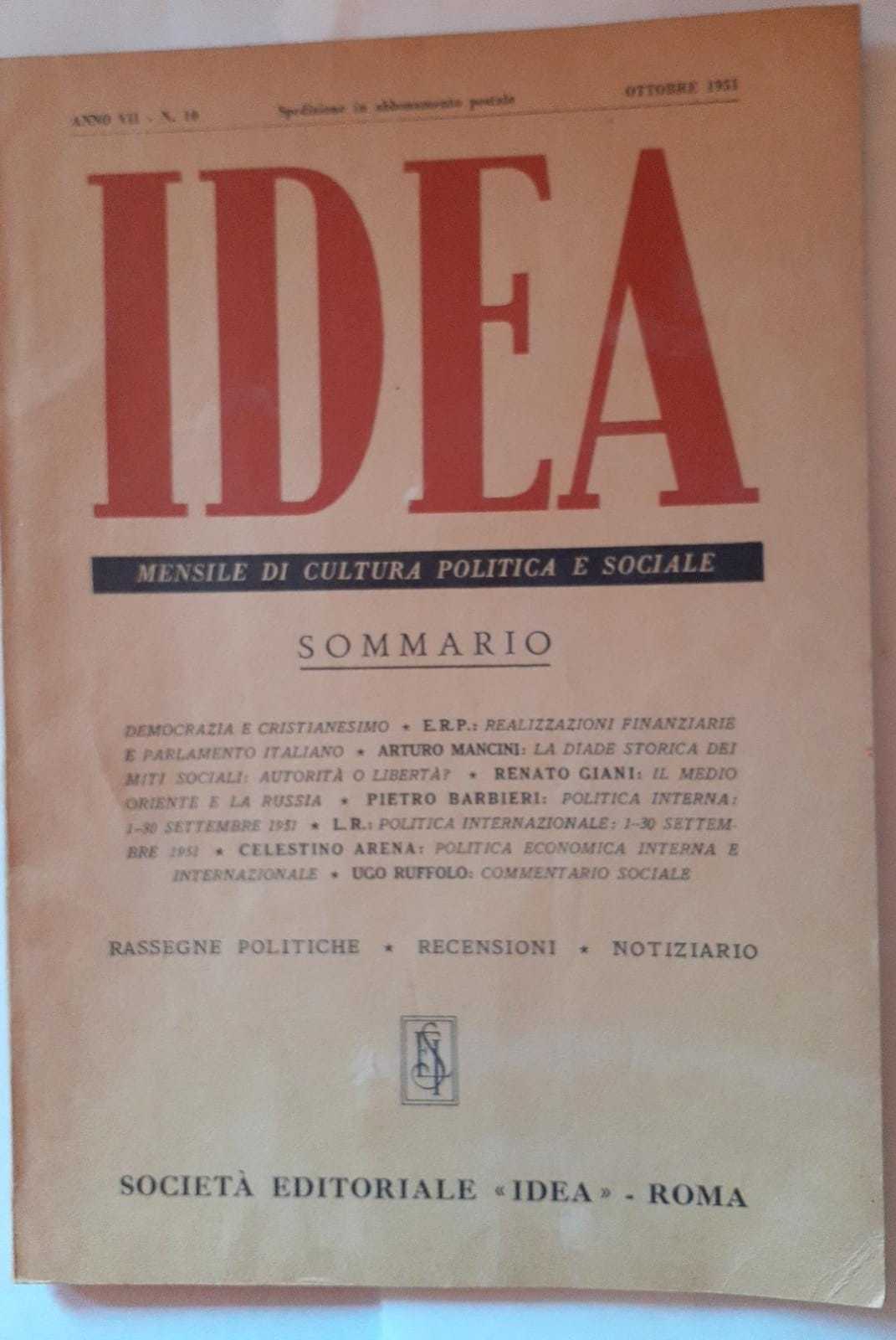 Idea. Mensile di cultura politica e sociale. Anno VII. -N.10 - copertina