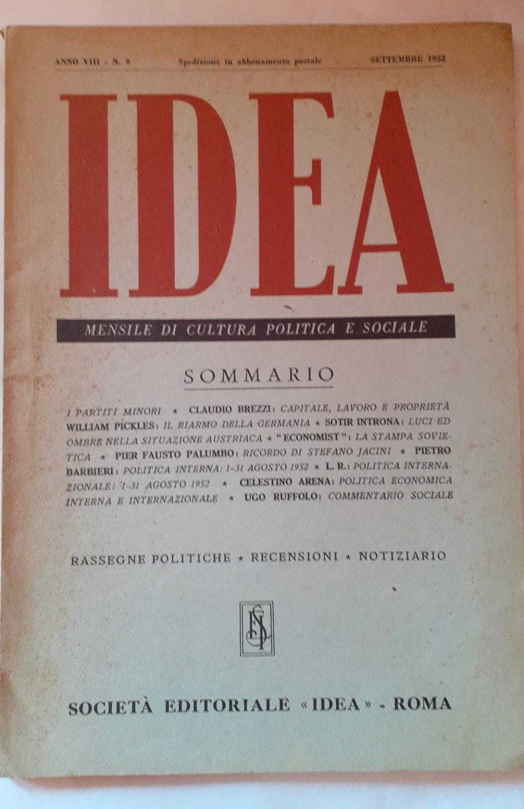 Idea. Mensile di cultura politica e sociale. Anno VIII- N.9 - copertina