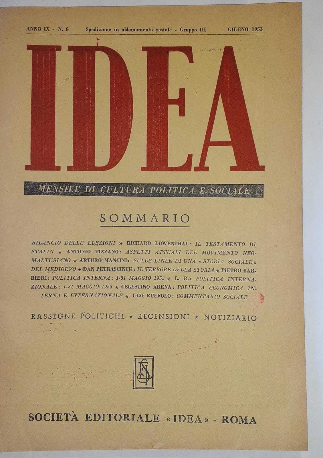 Idea. Mensile di cultura politica e sociale. Anno IX -N.6 - copertina