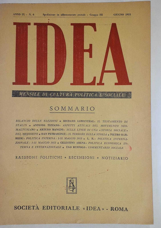 Idea. Mensile di cultura politica e sociale. Anno IX -N.6 - copertina