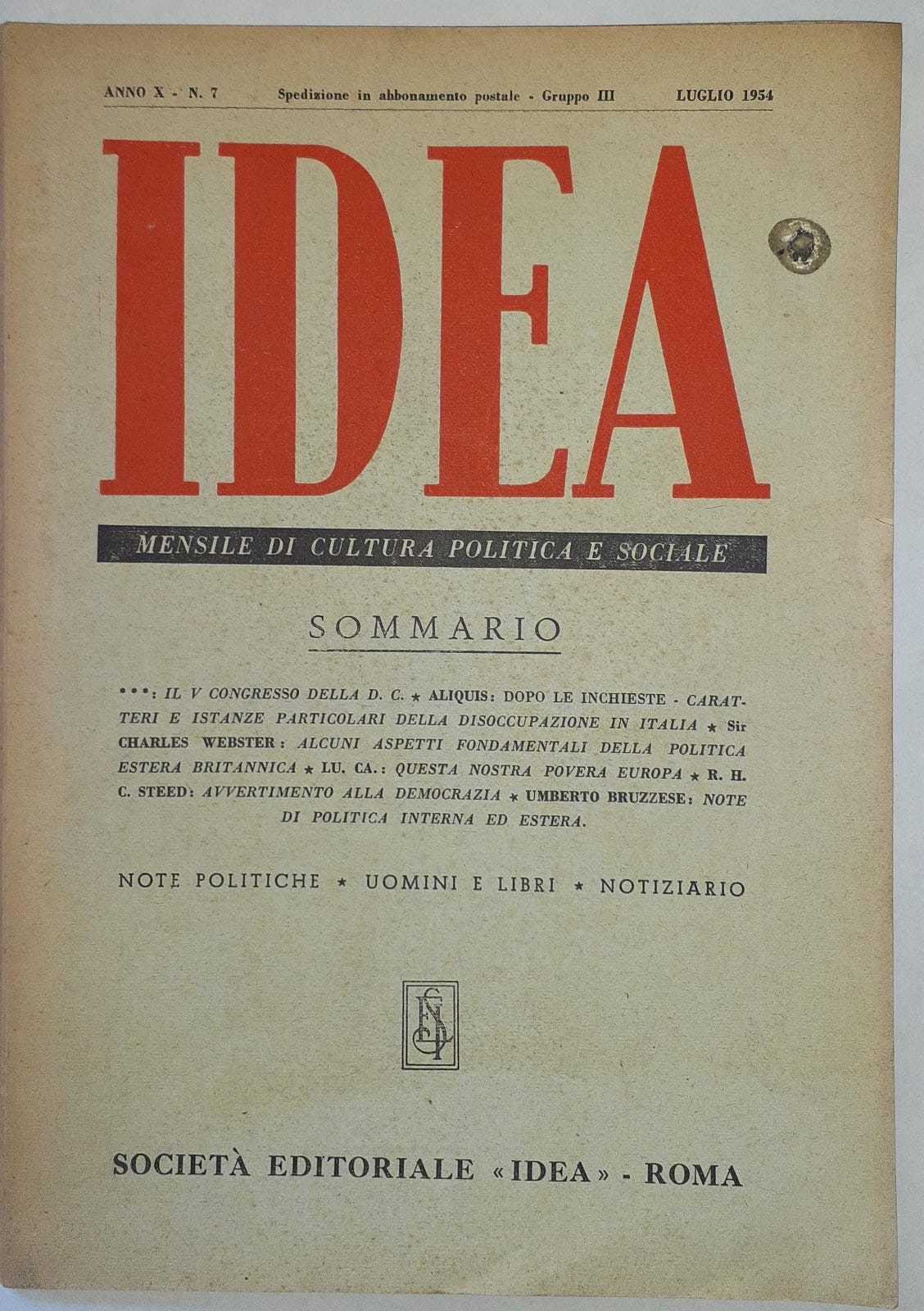 Idea. Mensile di cultura politica e sociale. Anno X-N.7 - copertina