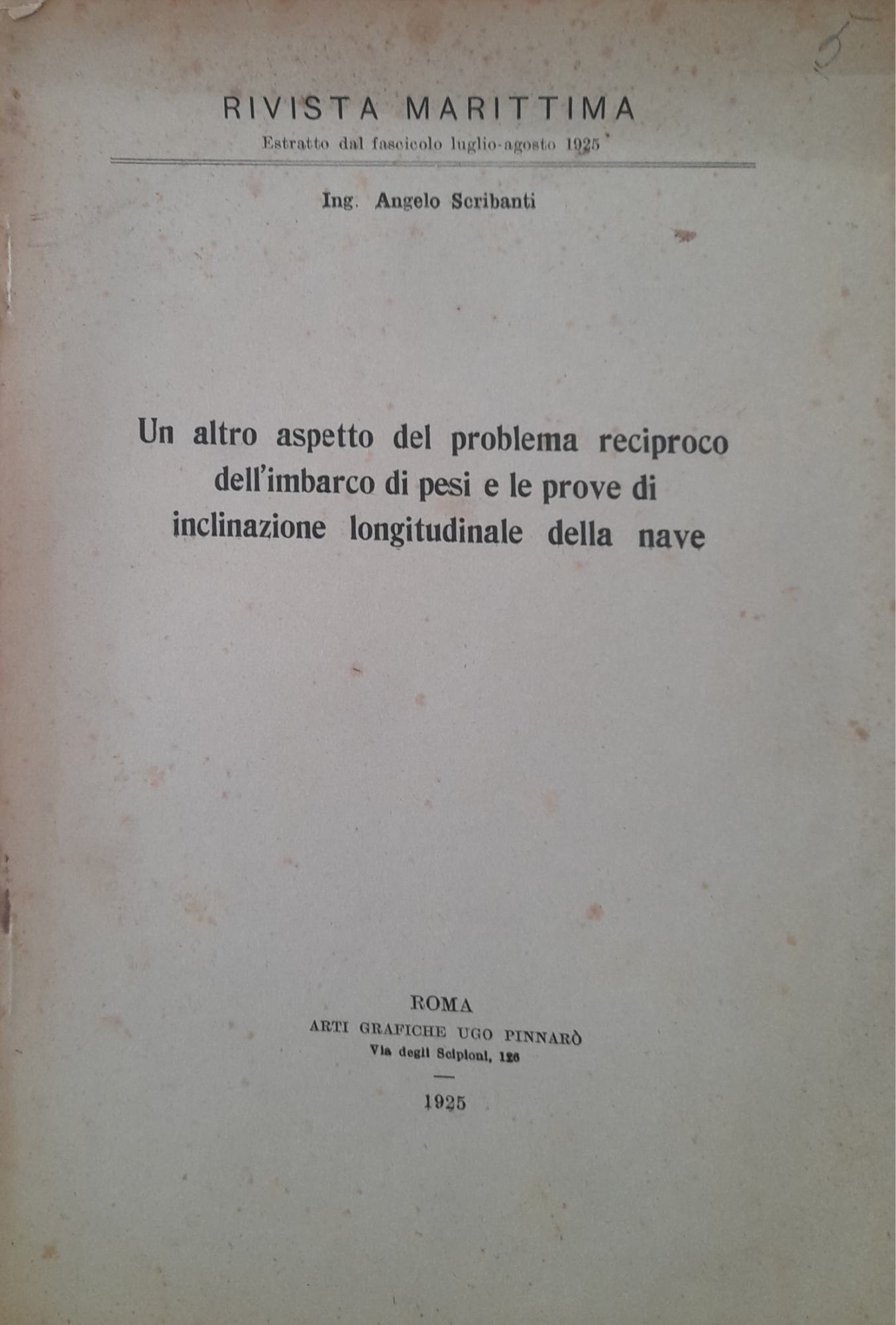 Un altro aspetto del problema reciproco dell'imbarco di pesi e le prove di inclinazione longitudinale della nave - copertina