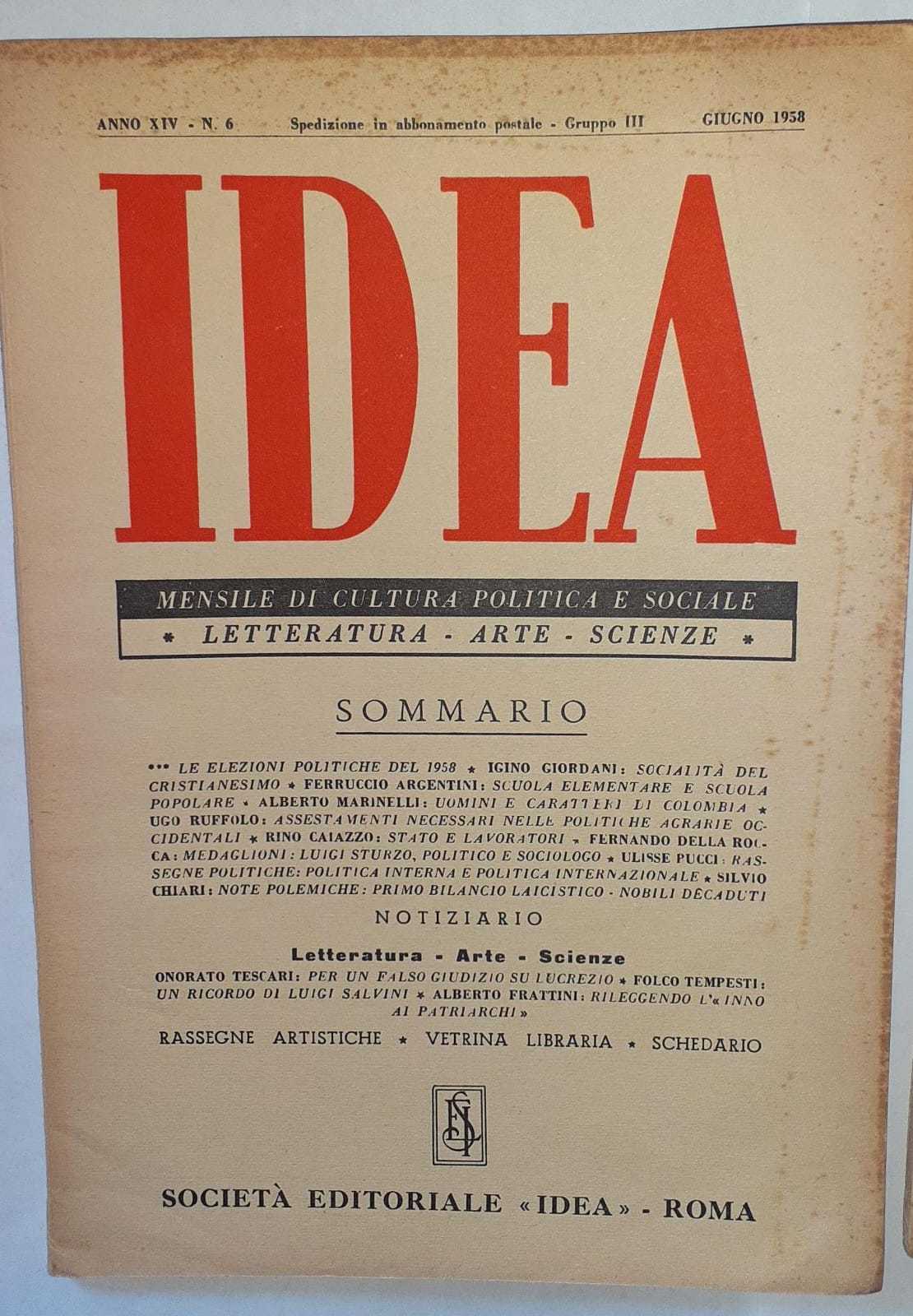 Idea. Mensile di cultura politica e sociale. Anno XIV -N.6 - copertina