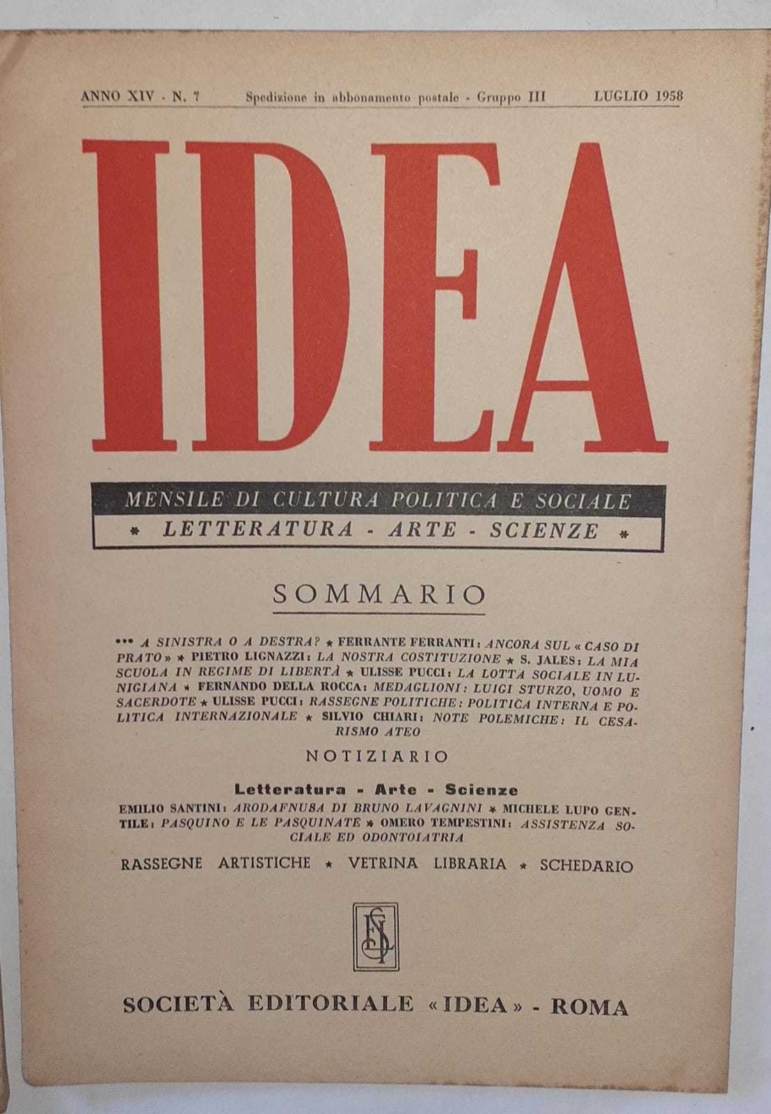 Idea. Mensile di cultura politica e sociale. Anno XIV -N.7 - copertina
