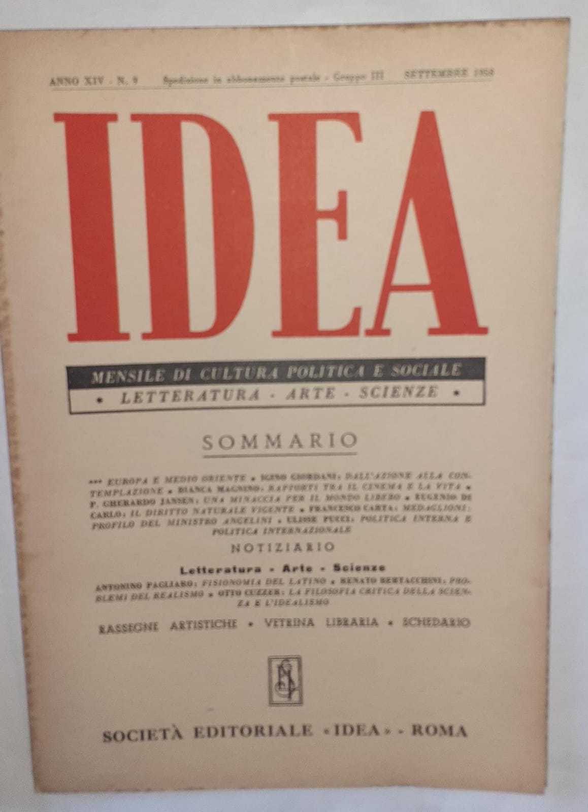 Idea. Mensile di cultura politica e sociale. Anno XIV N.9 - copertina