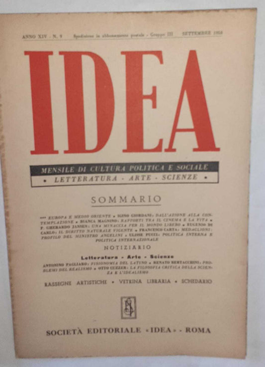 Idea. Mensile di cultura politica e sociale. Anno XIV N.9 - copertina
